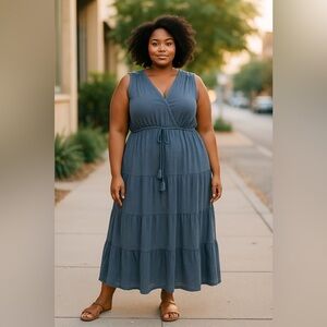 Max Studio Chambray Blue Bohemian Ruffle Tiered Maxi Dress Size 2X NWT